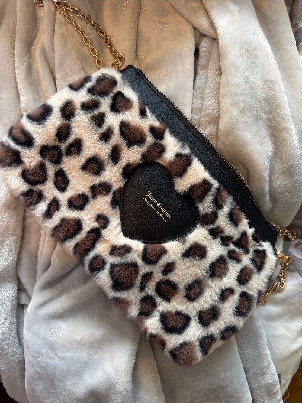 Juicy Couture Leopard Faux-Fur Clutch with Black Heart and Gold Chain